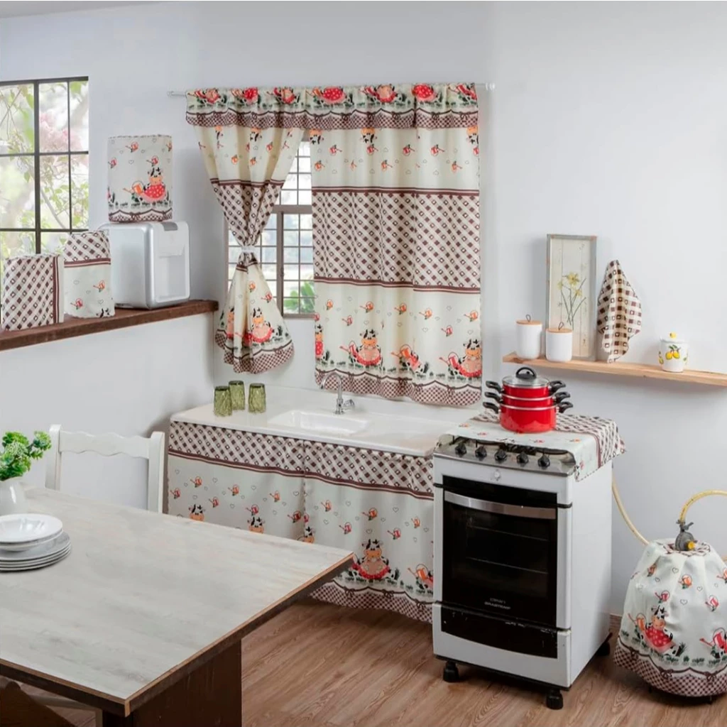 Kit 8 Peças Jogo De Cozinha Estampado Completo Com Cortina Pia Janela