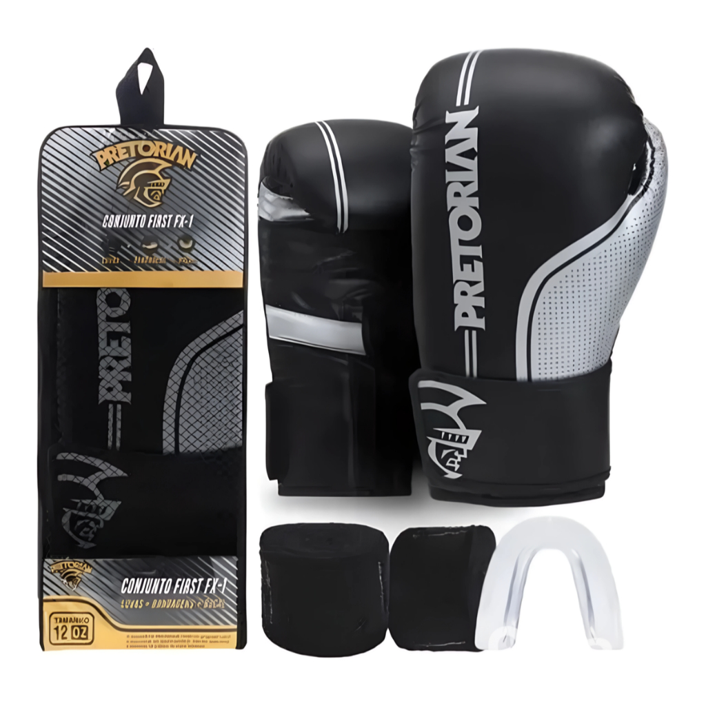 Conjunto Luva De Boxe e Muay Thai FX1 First Pretorian + Bandagem + Protetor Bucal