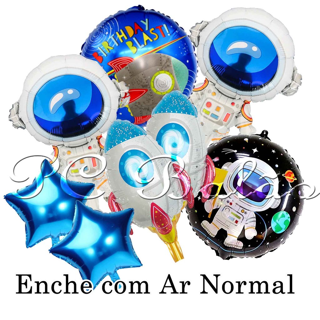 Kit 8 Balão Metalizado 2 Astronauta 2 Foguete 40cm PEQUENO + 2 Estrelas 22cm 2 REDONDO