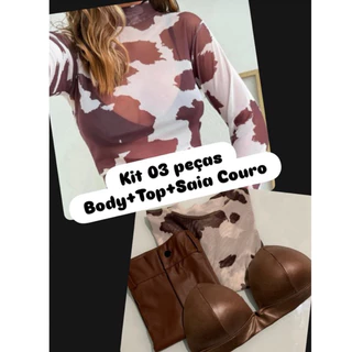 Look Completo 3 Peças (Body + Saia Couro + Top) Festa Peão Country