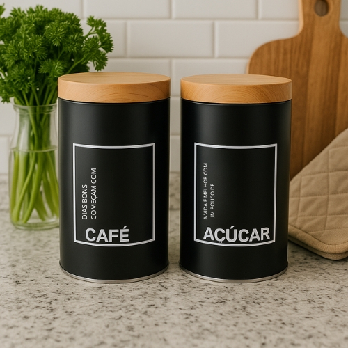 Kit Porta Condimentos Café Açúcar Lata Organizador Cozinha Tampa Madeira Decoração Moderna Pote | Shopee Brasil