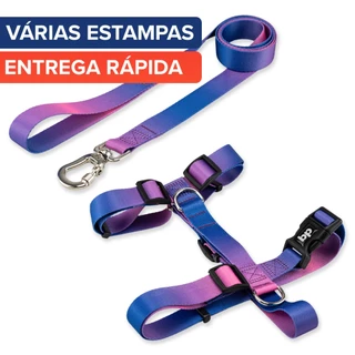 Coleira Peitoral com Guia para Cachorro Cães Regulável Varias Estampas Basic Pet