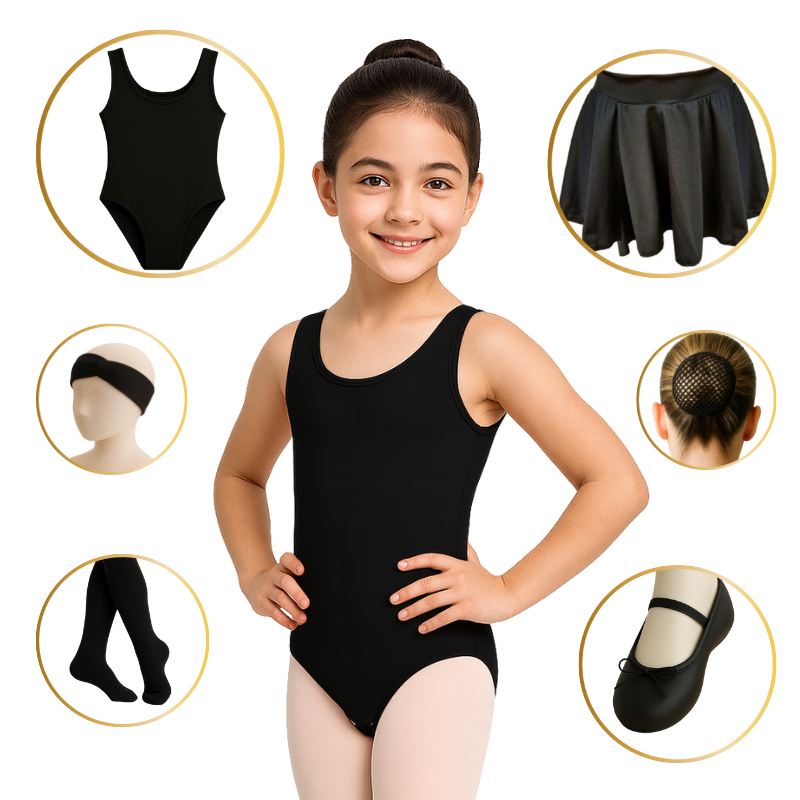 Kit Ballet Completo com 6 Peças PRETO (Tam 2 a 16) Regata, Cós, Rede ...