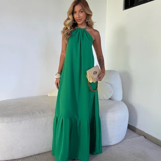 Vestido Longo Luxo Decote nas Costas Tecido Duna Premium Elegância e Conforto