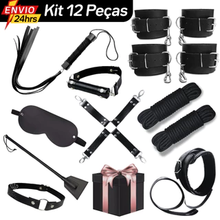 Kit BDSM 12 Peças Couro Bondage Fetiche Dominação Submissão Sado Mordaça Algema Chicote Coleira