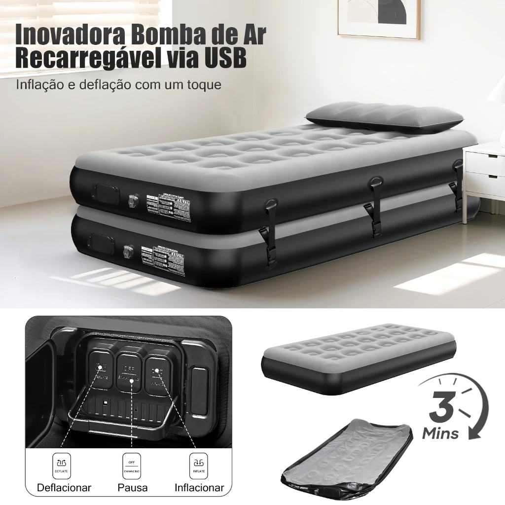Colchão Inflável Duplo (podem ser usados individuais ou acoplados), acompanha 2 Travesseiros Infláveis, bomba recarregável via USB