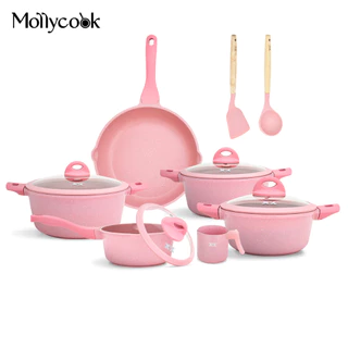 Mollycook Jogo de Panelas Kit 14 Pçs Antiaderentea Tampa Vidro Com Silicone Revestimento De Cerâmica