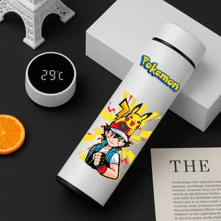 GARRAFA TÉRMICA POKÉMON PIKACHU COM TERMÔMETRO DIGITAL INTELIGENTE 01 500ML INOX Anime
