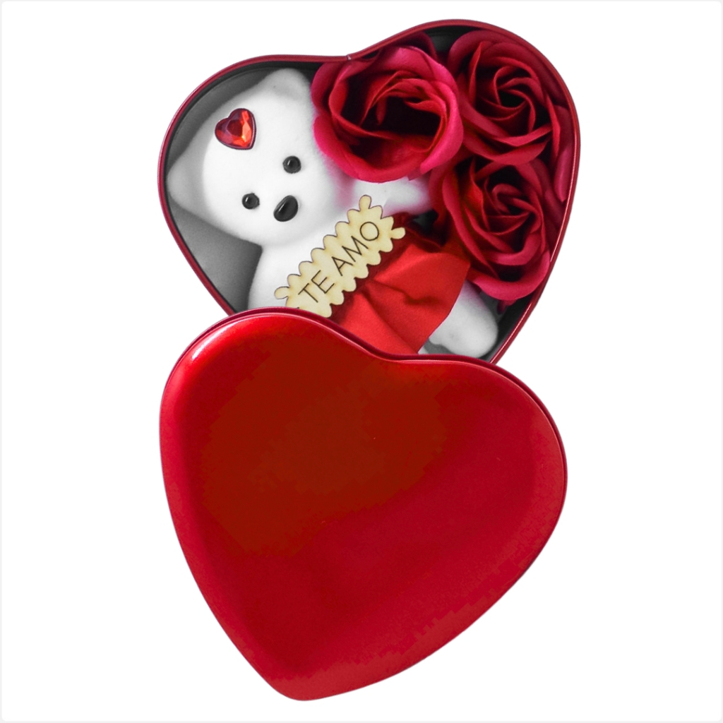 Caixa Coração de metal Com Ursinho e Rosas presente namorada esposa amiga mãe