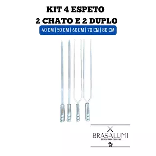 kit 4 espetos alumínio 2 chato e 2 duplo 40cm a 80cm para churrasco