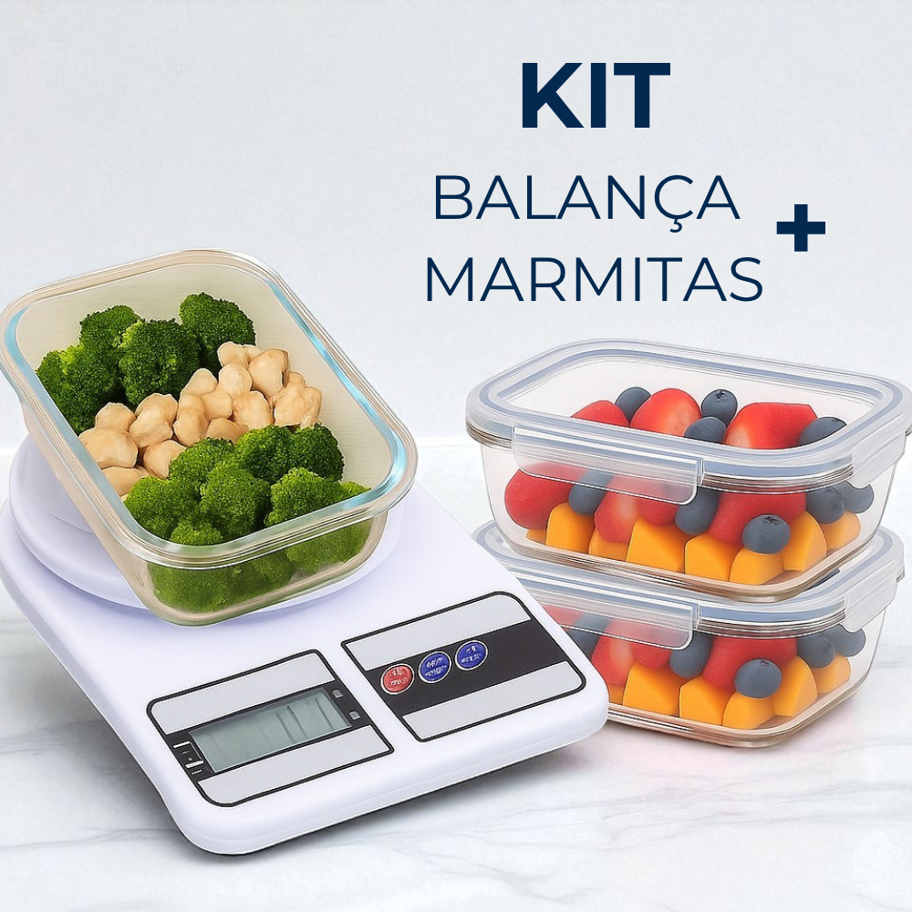 Kit Balança de Cozinha Digital + Pote Vidro Hermético Marmita Saudável ...
