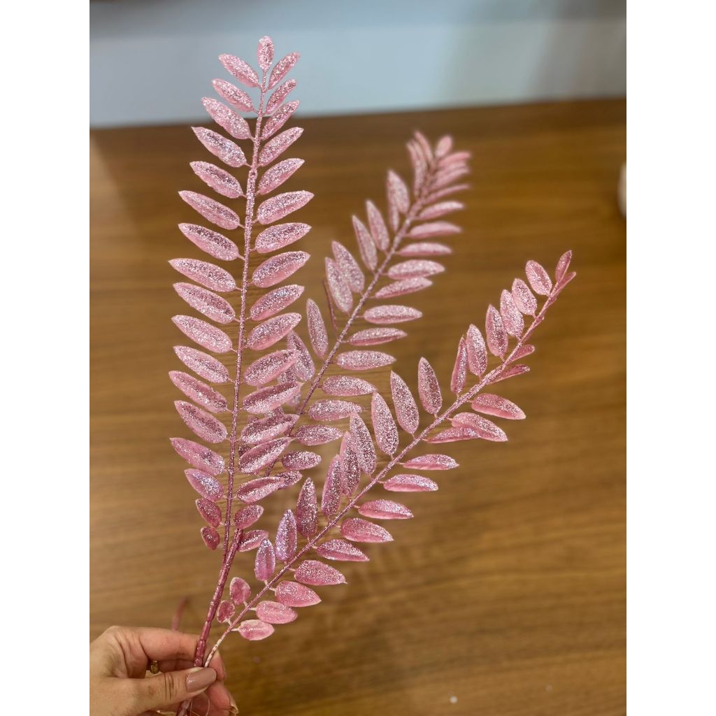 Galho Natalino Folha Rosa Brilho Enfeite Árvore De Natal