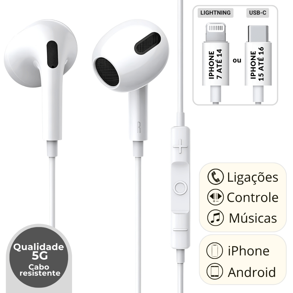 Fone De Ouvido Lightning e Tipo C Com Fio Com Microfone Para Iphone 7 8 ...