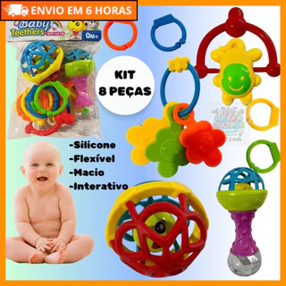KIT CHOCALHO MORDEDOR  BRINQUEDO  PARA BEBÊ INTERATIVO SILICONE MACIO 8 PEÇAS – ENVIO IMEDIATO em Oferta na Shopee