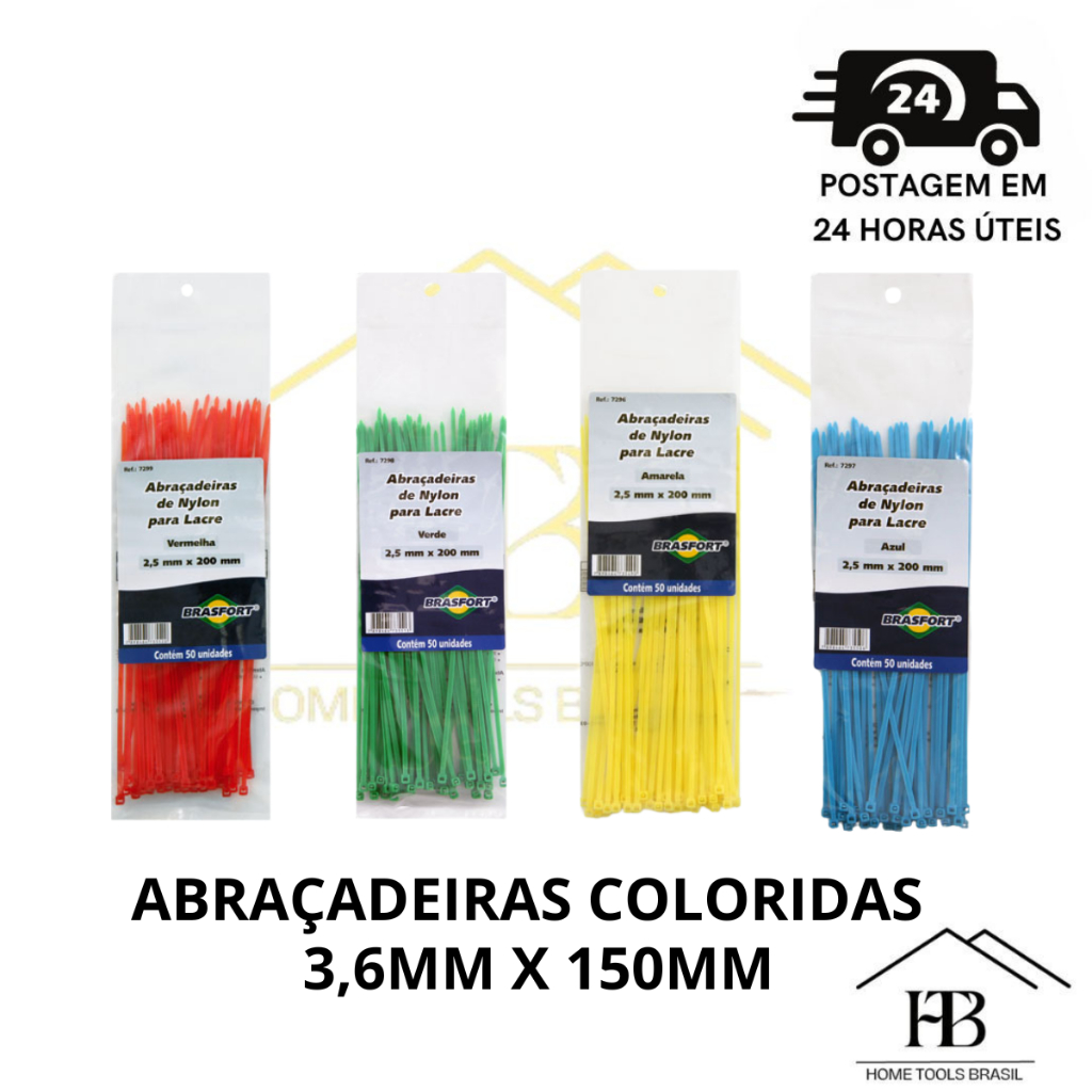 Abraçadeiras de Nylon Fita Hellerman Enforca Gato Coloridas 3,6mmx150mm Amarelo Verde Azul Vermelho
