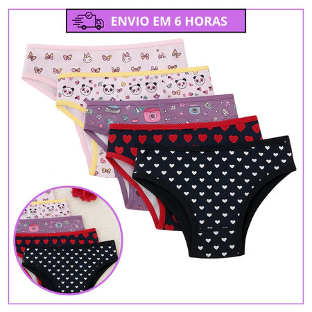 Kit 5, kit 10 calcinhas juvenil infantil 100% algodão 