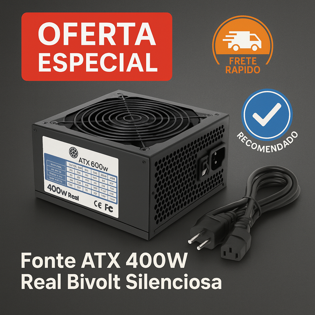 Fonte ATX 400W Real Bivolt Silenciosa para PC Gamer, Escritório e Desktop - Alta Performance