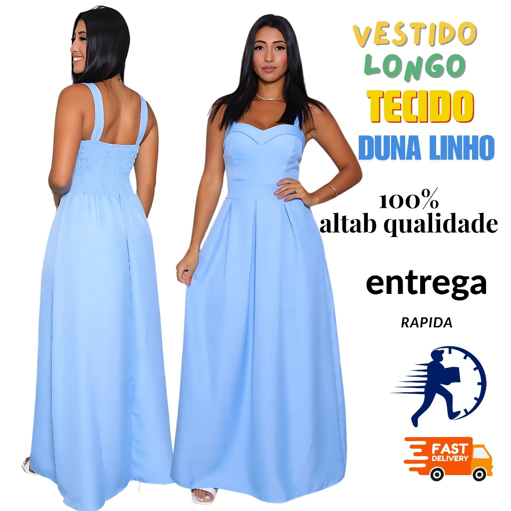 Vestido Longo Feminino Duna Linho madrinhaLuxo Festa Alça Ombro Leva Bojo Forrado tendência novo