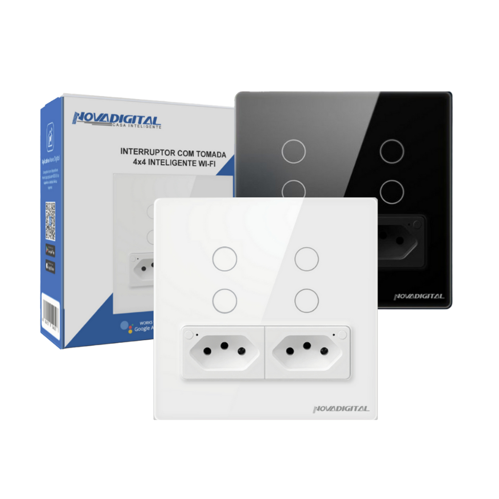 Interruptor Inteligente Wifi 4 Botões 2 Tomadas Alexa Google Touch App Novadigital Smart