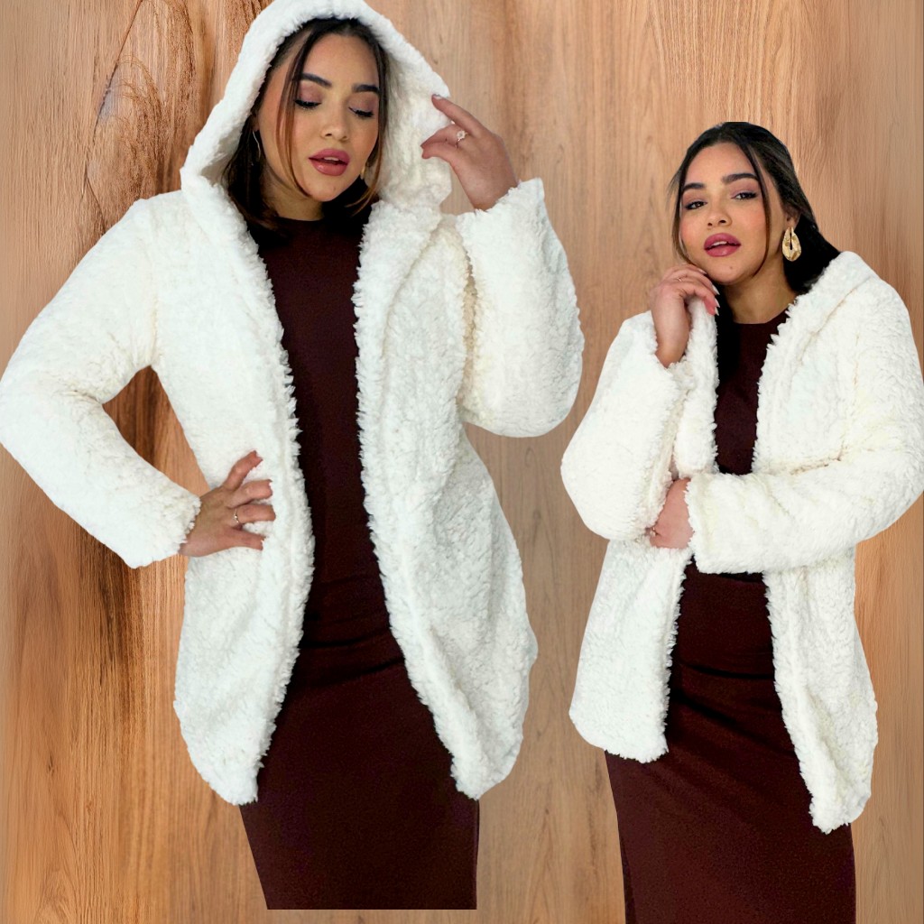 Casaco Teddy Ted Feminino Inverno Sobretudo Com Capuz Quentinho De