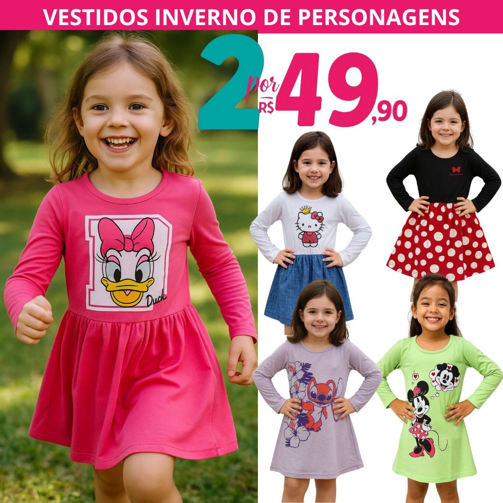 Kit 2 Vestidos Manga Longa Infantil De Personagens Para o Frio 2 a 8 ...