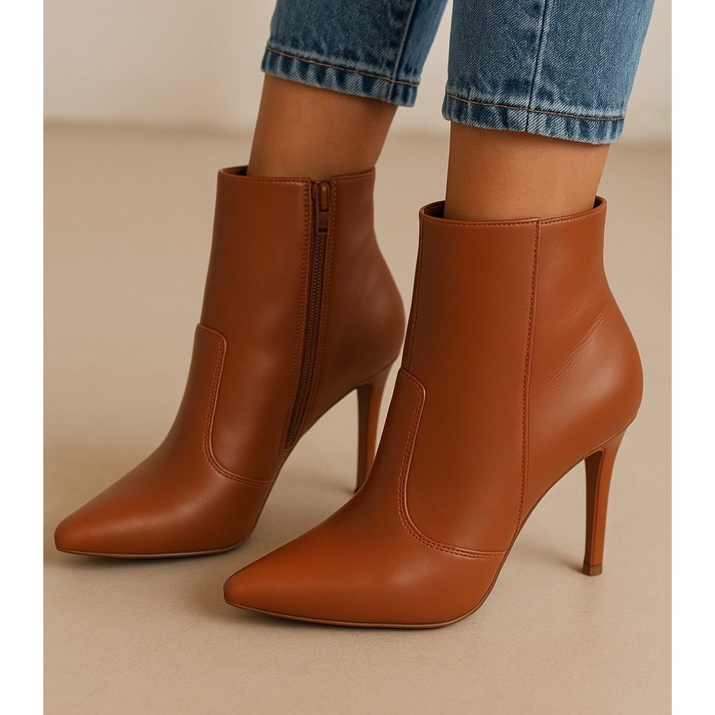 Bota Feminina Marrom Salto Fino Confortável Cano Curto | Shopee Brasil