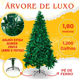 Árvore de Natal 1,8 Metros Luxo 1200 Galhos Cheia Pé de Ferro