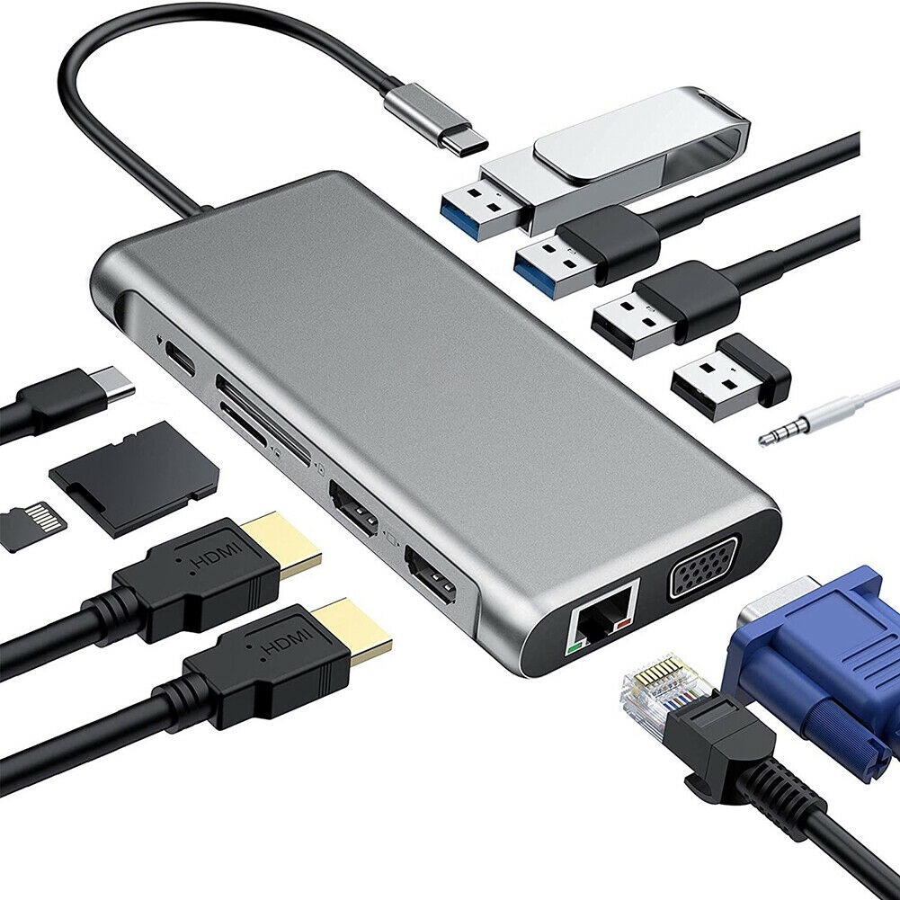 Hub USB C 11 Em 1 Para HDTV VGA TF Leitor De Cartão SD 3.0 RJ45 PD 87W ...