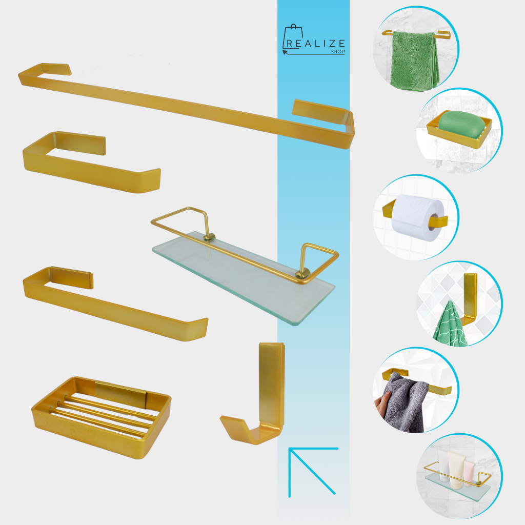 KIT BANHEIRO QUADRADO LUXO DOURADO 6 PEÇAS +PORTA SHAMPOO RETO LUXO ...