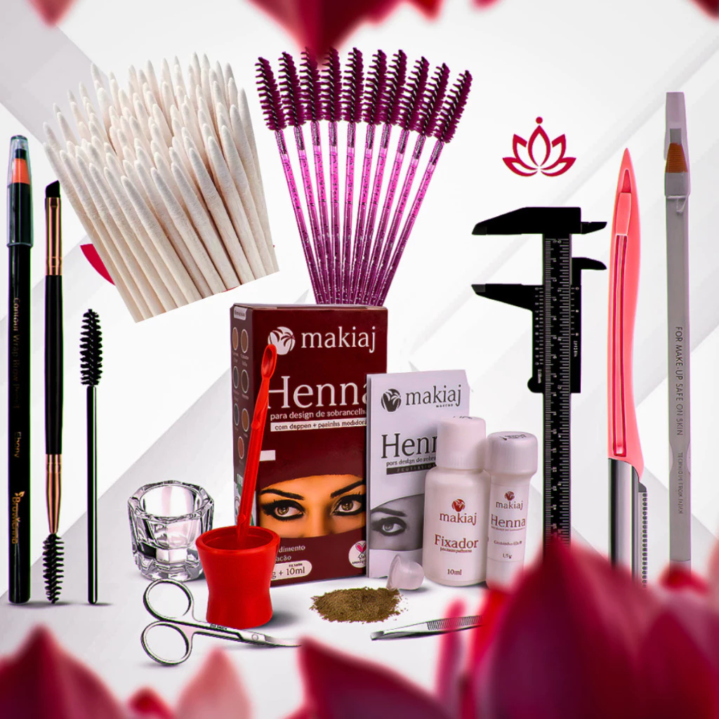Kit Sobrancelha Henna makiaj+Palito+Navalha+Paquímetro+Tesoura+Pincel+Dappen+ 2 Lápis Dermatográfico