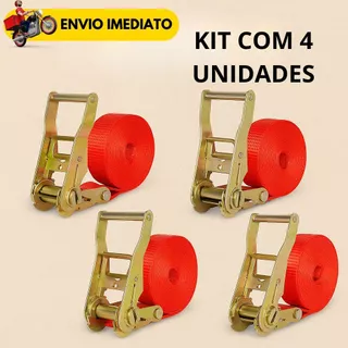 Kit 4 Cintas com Catraca 25 mm × 4,5 m para Carga Amarração Resistente Fita Prendedor Forte para Caminhão Moto Carro