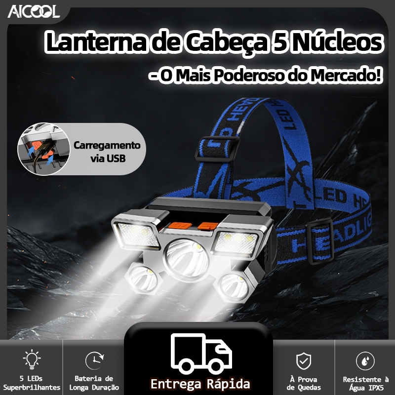 AICOOL Lanterna Holofote De Cabeça 5 LED Super Brilhante À Prova D 'Água USB Recarregável 4 modos