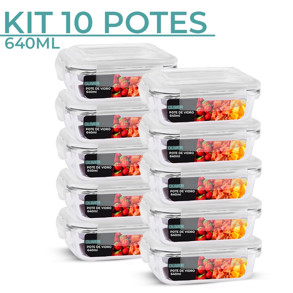 Kit 10 Potes de Vidro 640ml Hermético Marmita Fit com Tampa 4 Travas