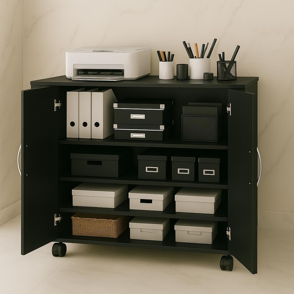 Balção Preto Multiuso Organizador 2 Portas 5 Prateleiras Escritório