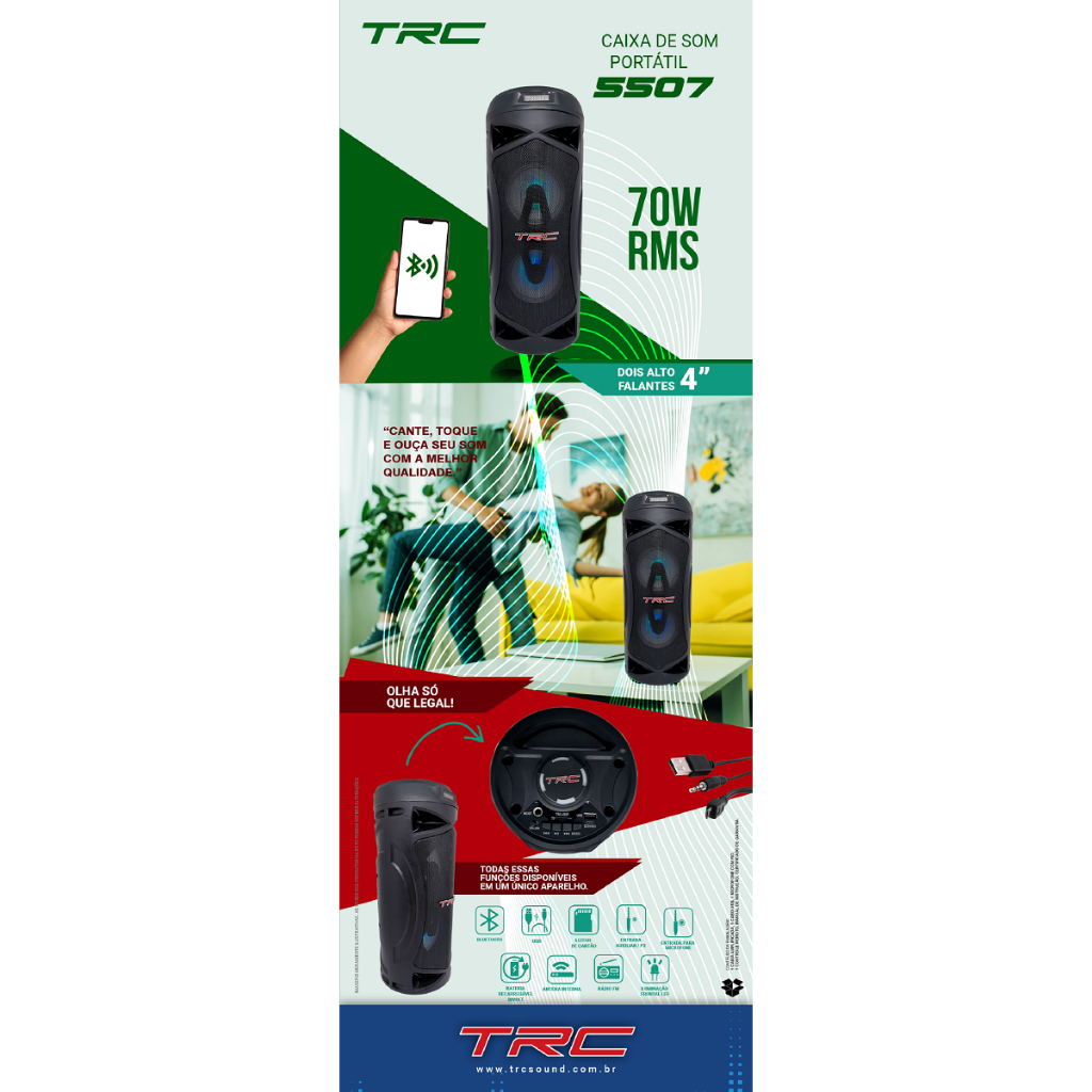 Caixa De Som Portátil TRC 5507 LED USB 70W RMS Grande Caixinha com Blutooth Portátil Potente