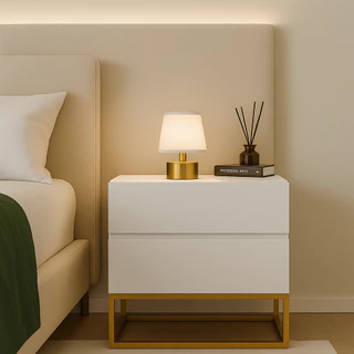 Mesa Cabeceira 2 Gavetas para Cama Casal com Pés de Ferro Estilo Industrial Cobre ou Dourado Eros 45