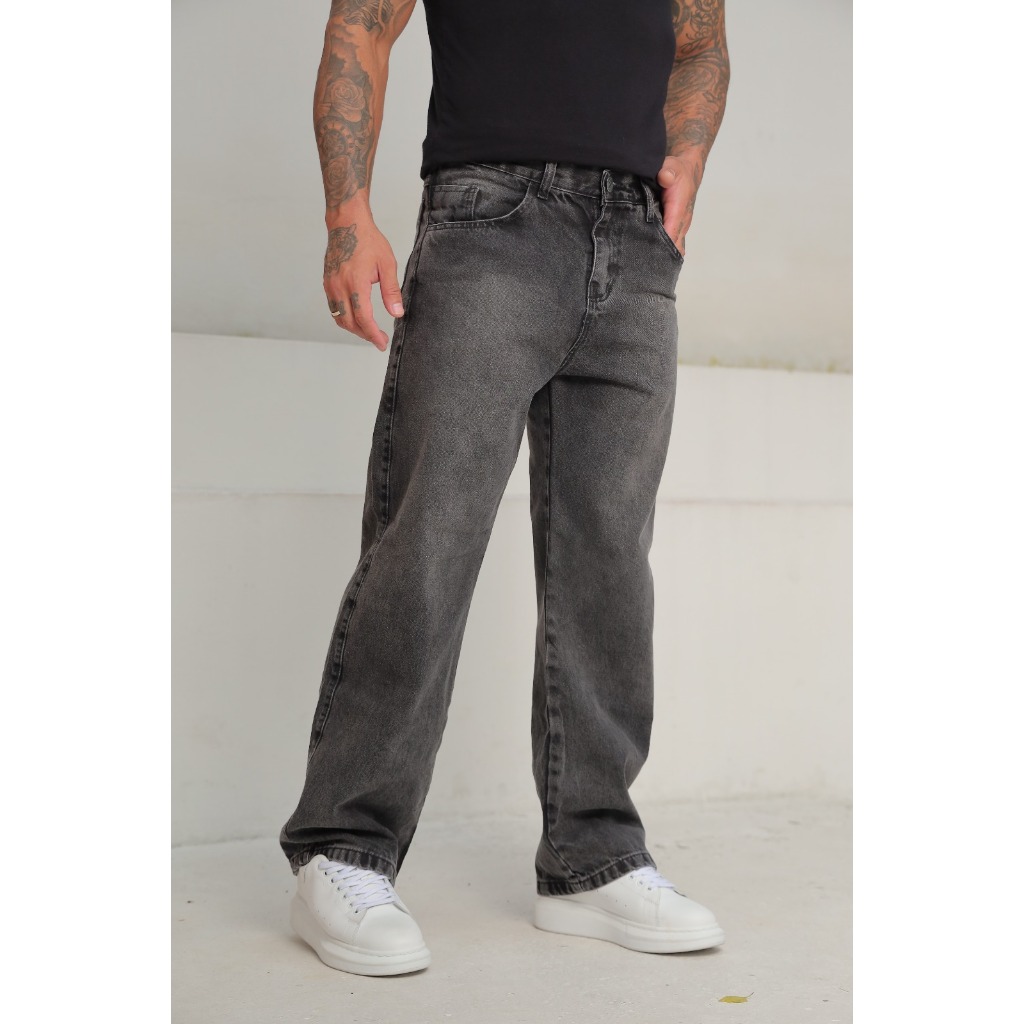Calça baggy oversize masculina jeans larga calça balão preto estonado ...