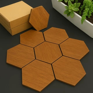 Kit 10 Placas Decorativa em Madeira Hexagonais Freijó Autocolante Premium