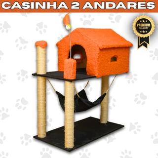 Casinha Gato 2 Andares com Rede de Descanso e Brinquedo Estimulante