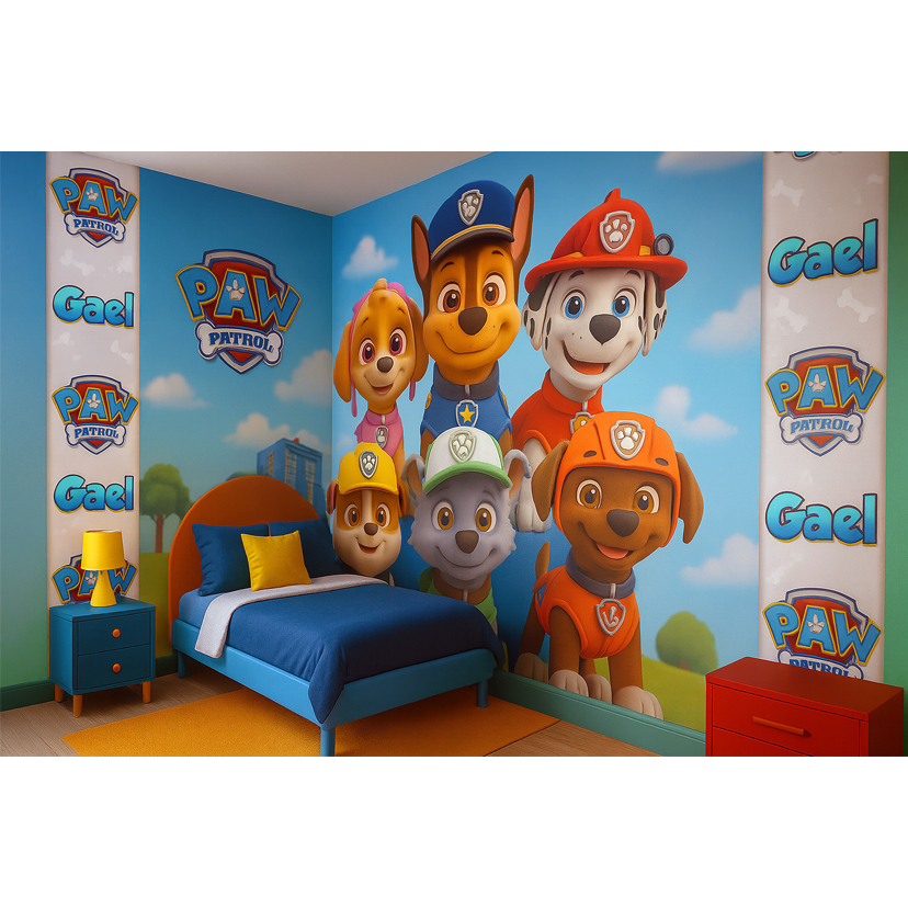 PAPEL DE PAREDE PATRULHA CANINA 3D + NOME PERSONALIZADO SOB MEDIDA ...