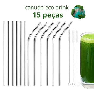 Kit 15 Peças Canudo Reto, Curvo e Escovinha Limpeza Inox 12 Canudos 3 Escovas