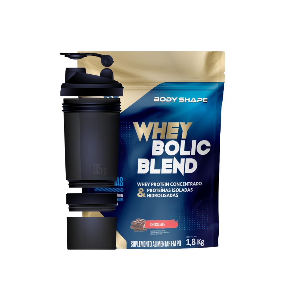 Whey Protein Bolic 1.8kg Concentrado Isolado e Hidrolisado 35g de Proteínas Body Shape + Coqueteleira de Repartição