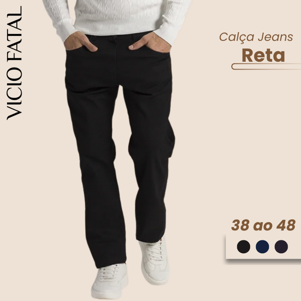 Calça Jeans Masculina Reta Tradicional Não Desbota com Elastano