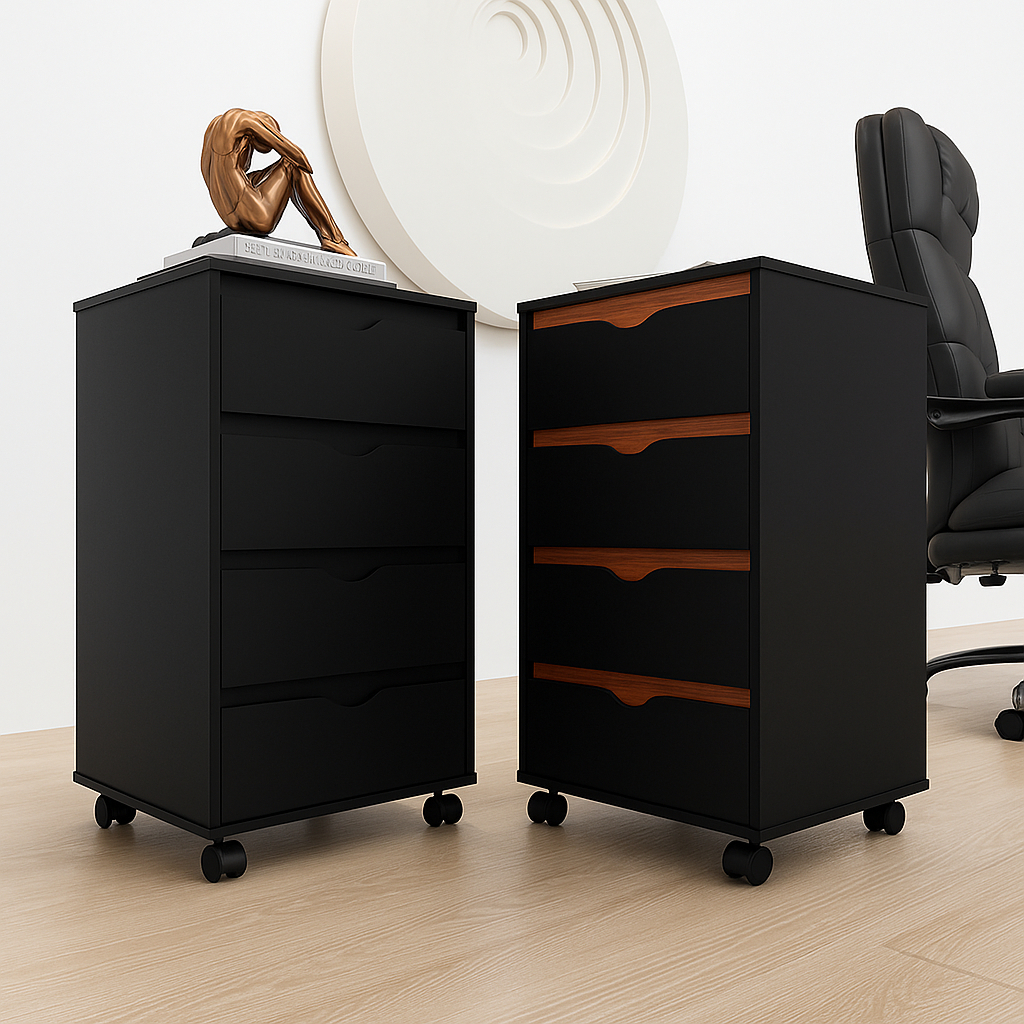 Gaveteiro Preto Escritório Mesa Cabeceira Criado 4 Gavetas Preto ou Preto/Nature Flex