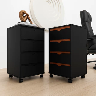 Gaveteiro Preto Escritório Mesa Cabeceira Criado 4 Gavetas Preto ou Preto/Nature Flex