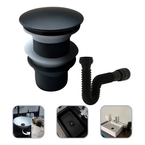 Válvula Click Preta Inteligente Cuba Banheiro 1.1/4 Sifão