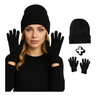 Kit Touca de Lã + Par de Luva de Lã Preta Adulto Unissex