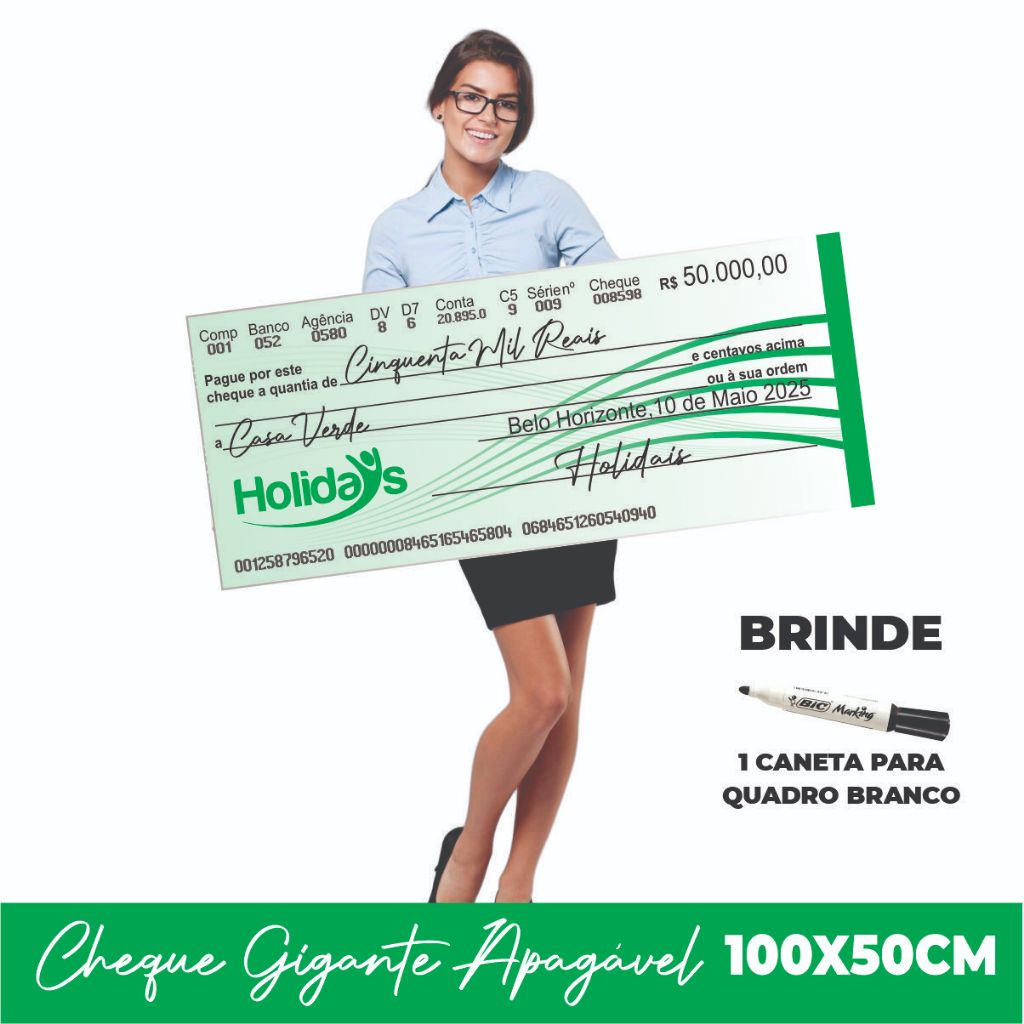CHEQUE GIGANTE PERSONALIZADO PREMIAÇÃO APAGÁVEL 100x50CM
