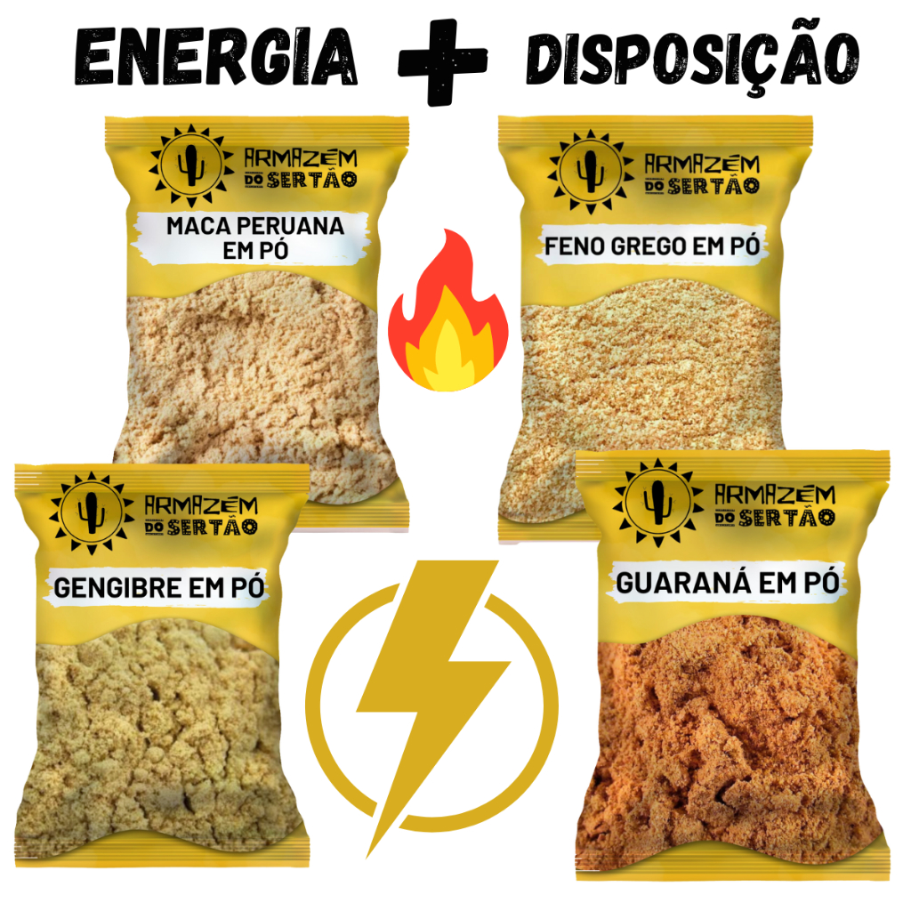 Combo Energia e Disposição - Maca Peruana + Gengibre + Guaraná + Feno Grego em Pó
