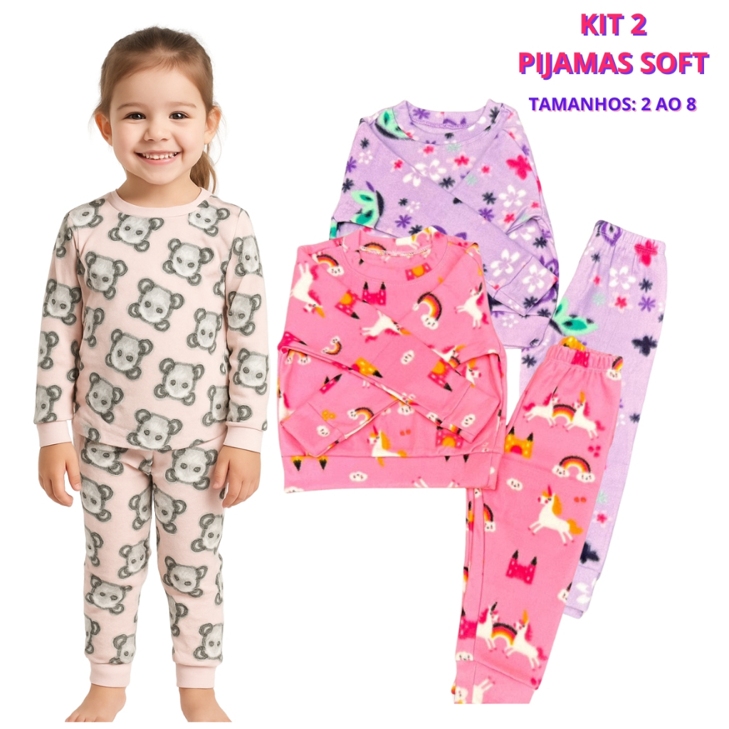Kit 2 Peças Pijama Infantil Soft Inverno Menina Estampas Sortidas Super Confortável e Quentinho em Oferta na Shopee